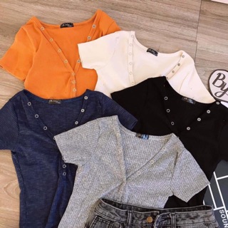 Áo thun croptop cổ tim nút bấm ( kèm video )