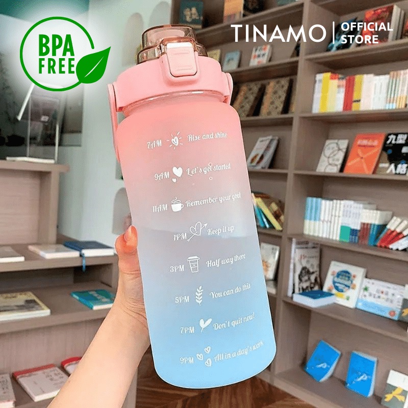 Bình Đựng Nước 2 Lít Tặng kèm Sticker 2D Cute, Có Vạch Báo Giờ Dành Cho Người Lười Uống Nước, Thiết Kế Chống Tràn