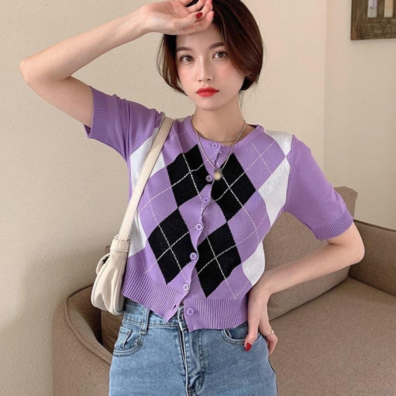Áo Cardigan Dệt Kim Tay Ngắn Cổ Tròn Màu Sắc Tương Phản