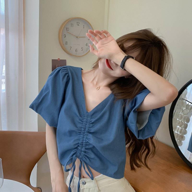 Áo Sơ Mi Denim Xanh Dương Dáng Rộng Cổ Chữ V Thiết Kế Dây Rút Phong Cách Pháp Thời Trang Mùa Hè 2022 Mới Dành Cho Bạn Nữ