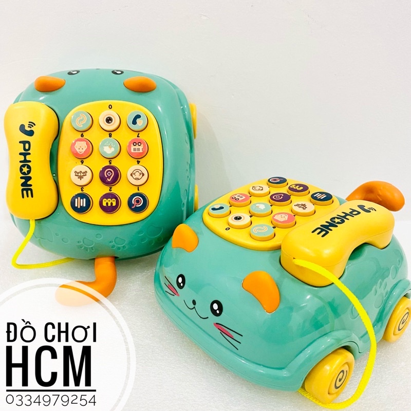 [CÓ ĐÈN NHẠC-QUẨY ĐUÔI] Đồ chơi điện thoại mèo để bàn hình xe ô tô, xe hơi có bốn bánh cho bé kéo đi, tai thỏ phát sáng