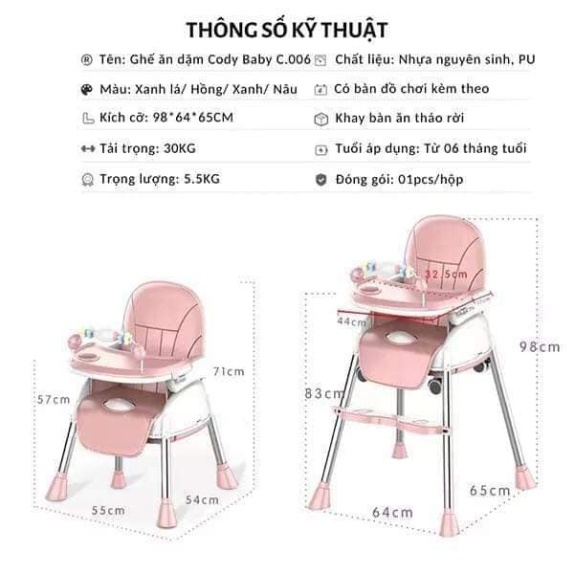 Ghế ngồi ăn dặm có bánh xe, đệm và đồ chơi Cody baby