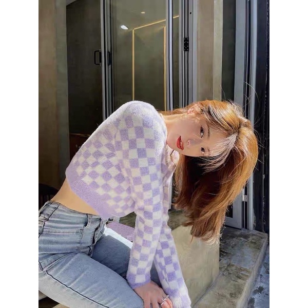 Áo ca rô lông tím dài tay CÚC TỊNH Y phong cách ulzzang SAM SAM BOUTIQUE