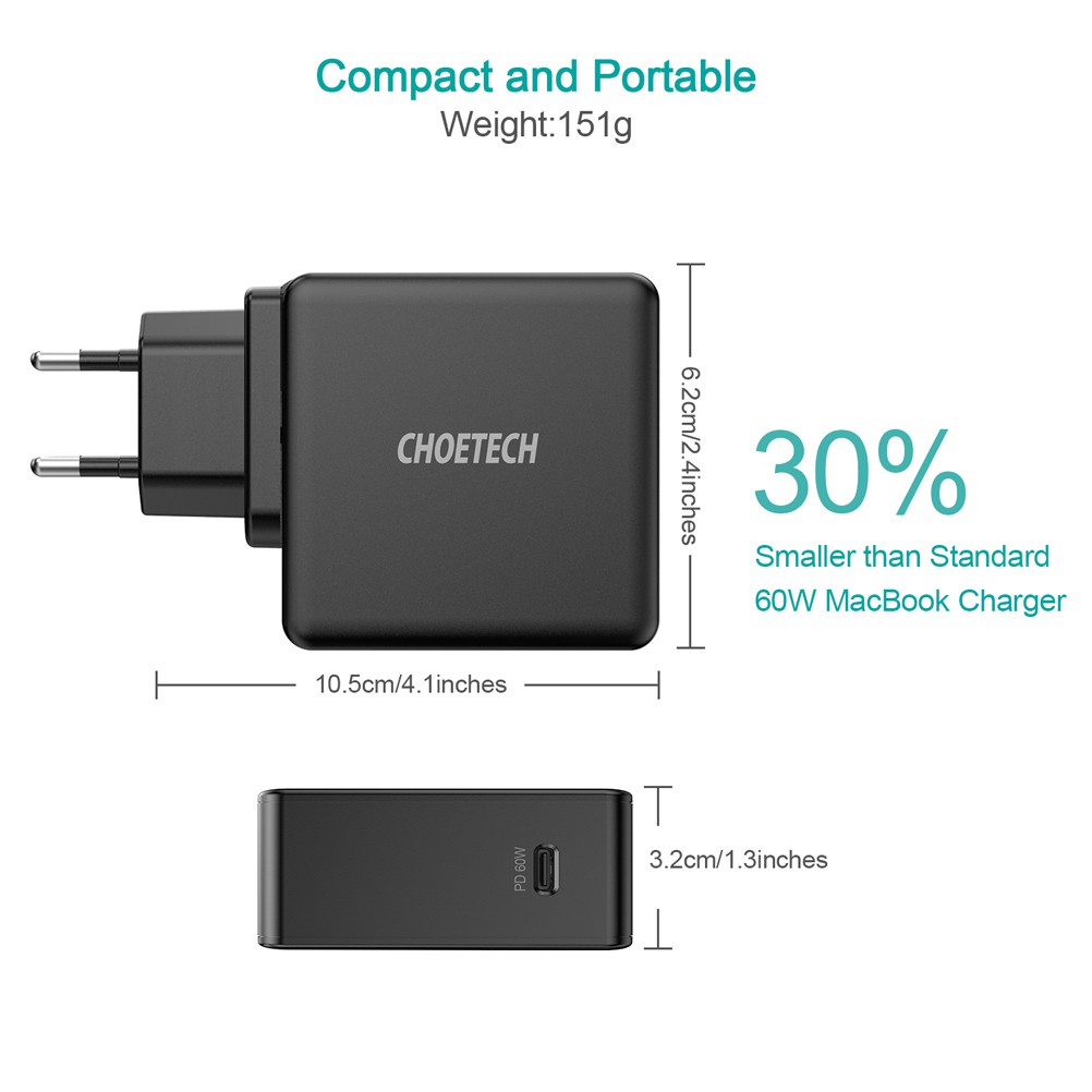 Cốc Sạc USB C CHOETECH Cho Macbook Pro/Air 2019/Iphone/Dell 60W