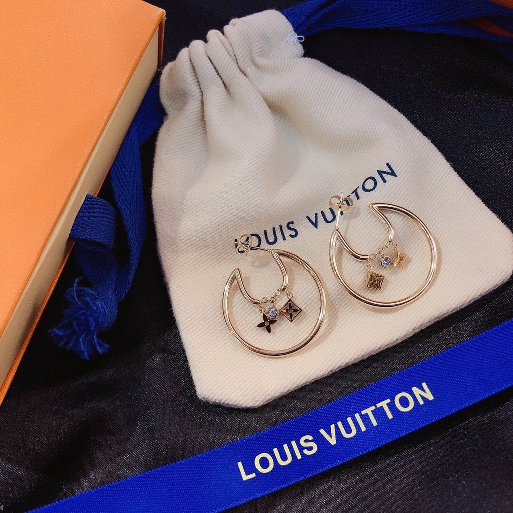 LOUIS VUITTON Khuyên Tai Tròn Bằng Thép Titan In Logo LV Thời Trang