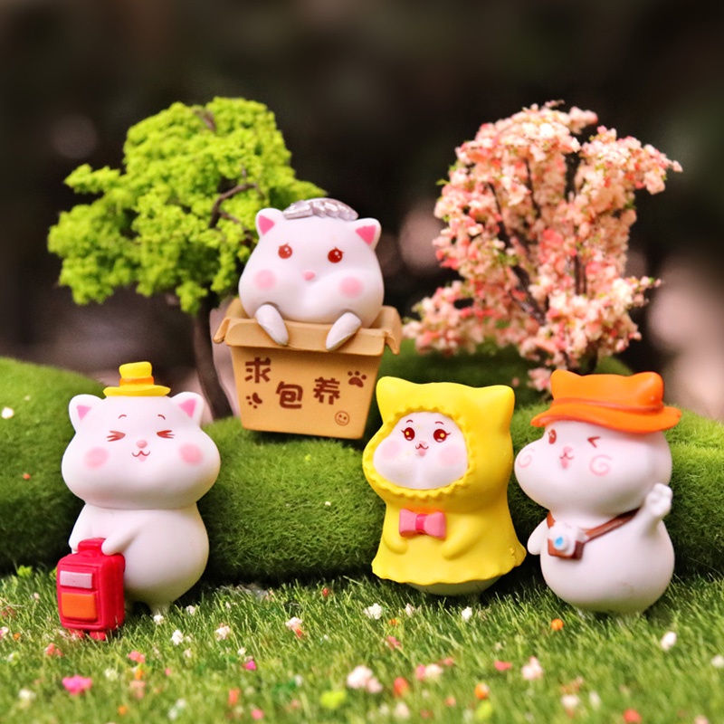 Set 7 mô hình mèo trắng béo mini dễ thương trang trí bàn làm việc, tủ sách, quà tặng, tiểu cảnh