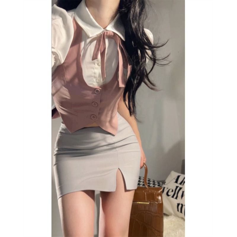 Bộ Áo Sơ Mi Thắt Nơ Giả Hai Mảnh + Chân Váy Ngắn Ôm Hông Xẻ Tà Gợi Cảm Phong Cách Preppy Mới Cho Nữ