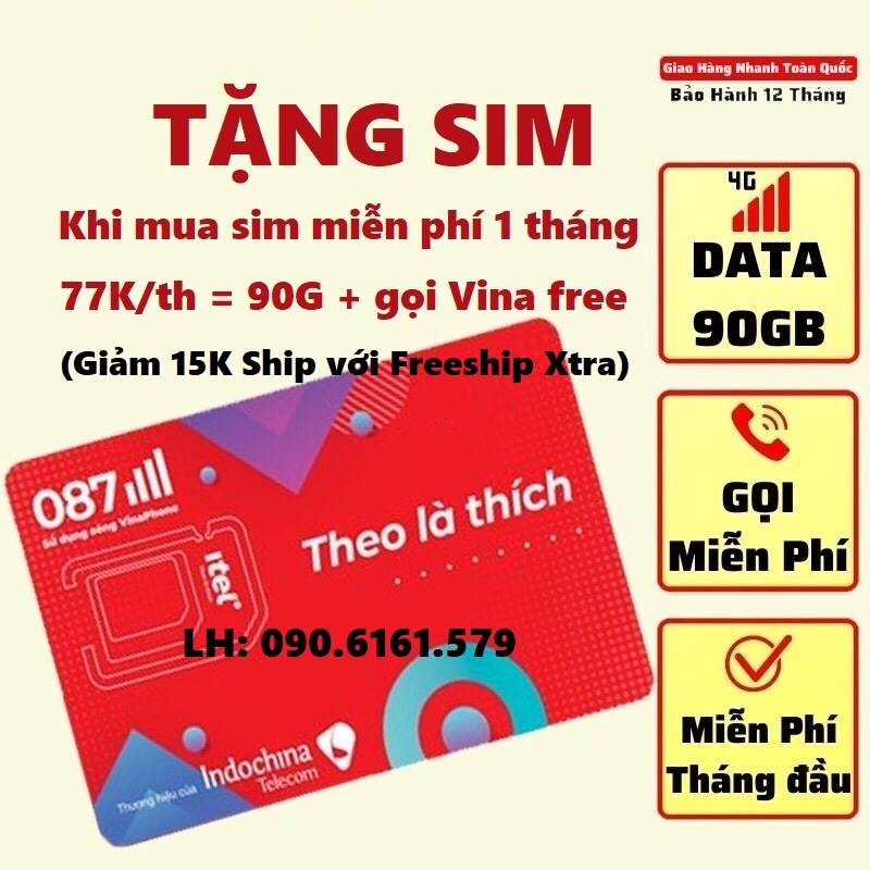 Sim ITEL gọi Miễn phí VINAPHONE, 90G tốc độ 4G VINAPHONE mỗi tháng Miễn