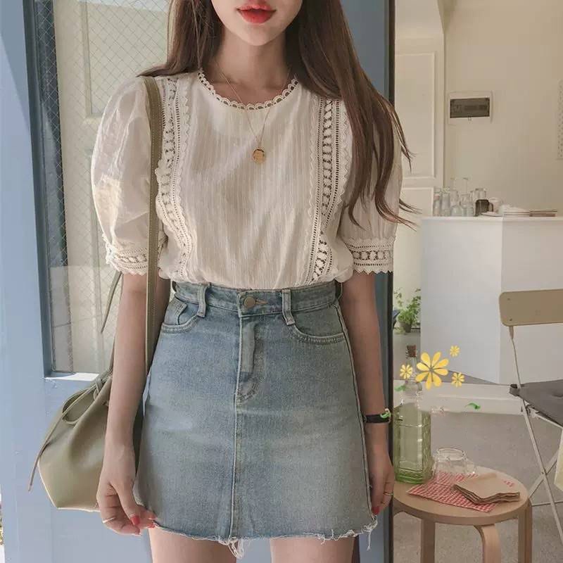 Áo sơ mi ren hạt tay ngắn , Áo trắng kiểu cách điệu thiết kế ulzzang (ảnh thật)