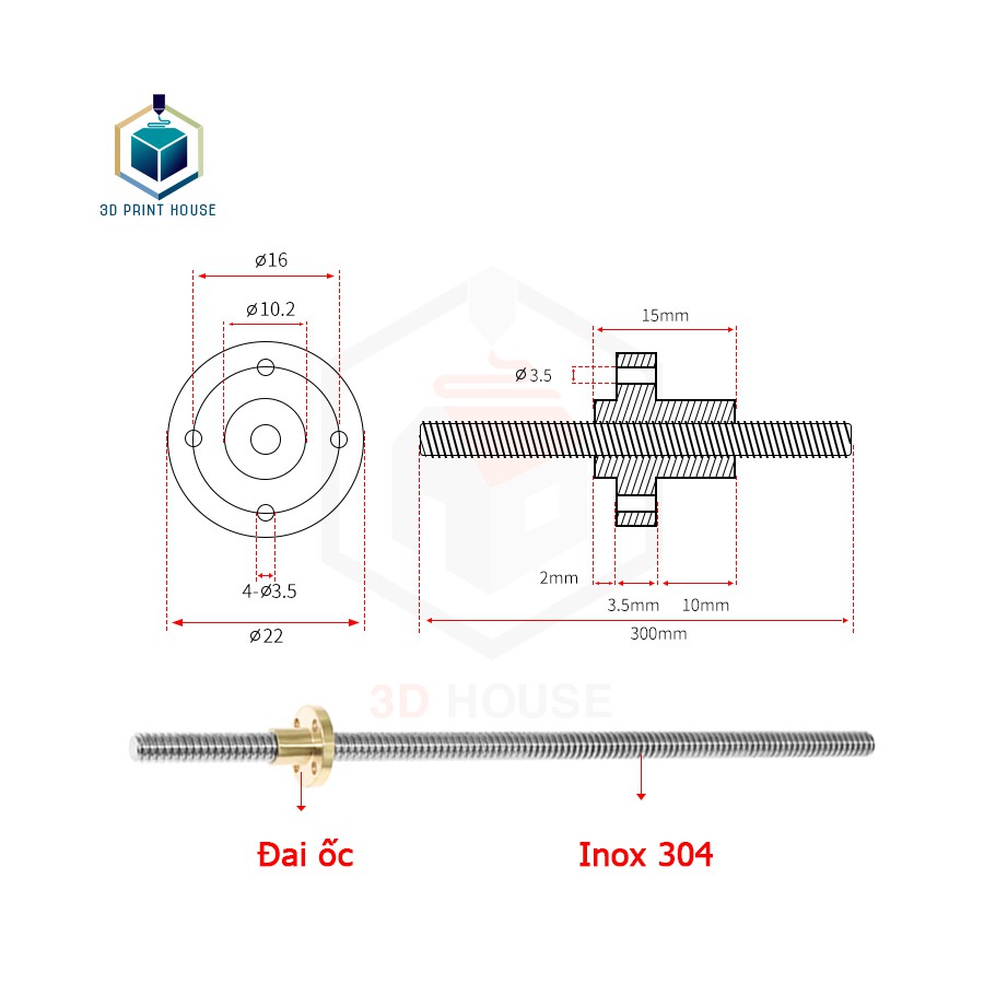 Vitme T8 Bước 2, 8mm Dài 550 - 1000mm Cho Máy In 3D