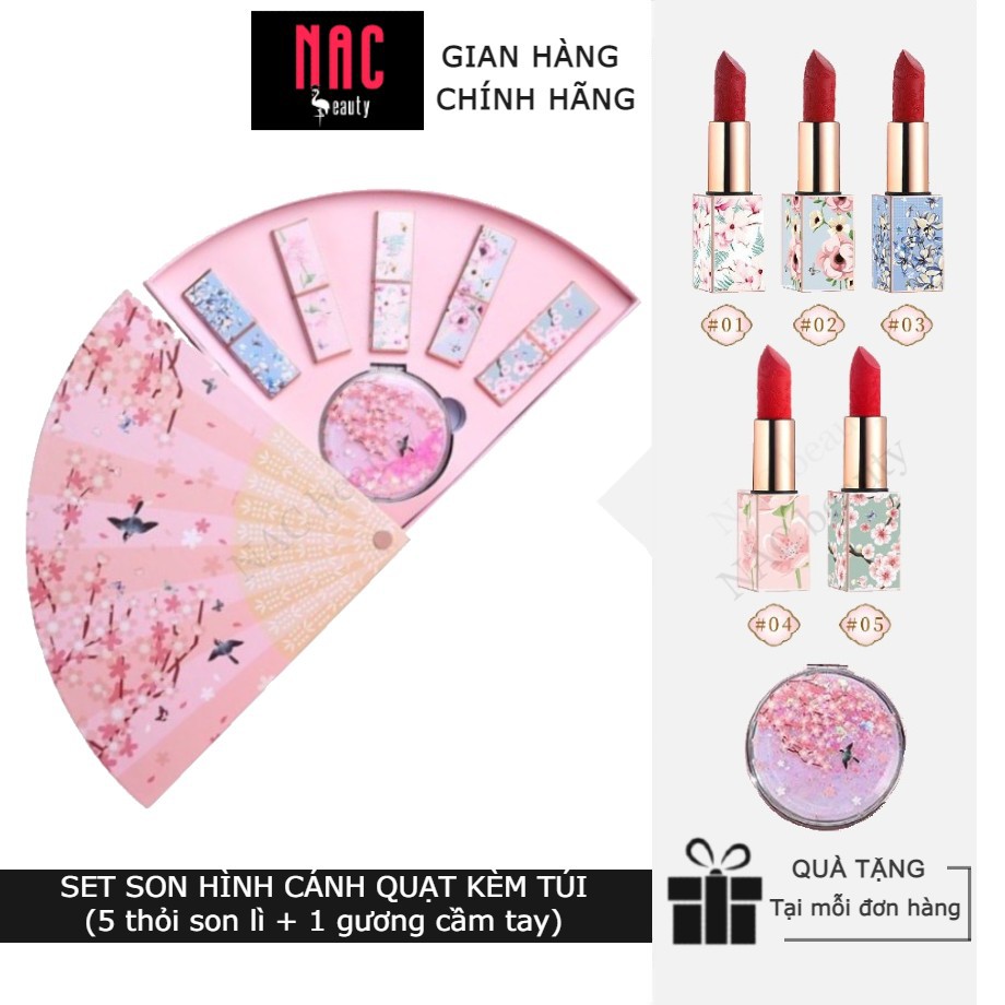 Bộ son cổ trang nội địa Trung / Set son quạt 5 cây kèm túi