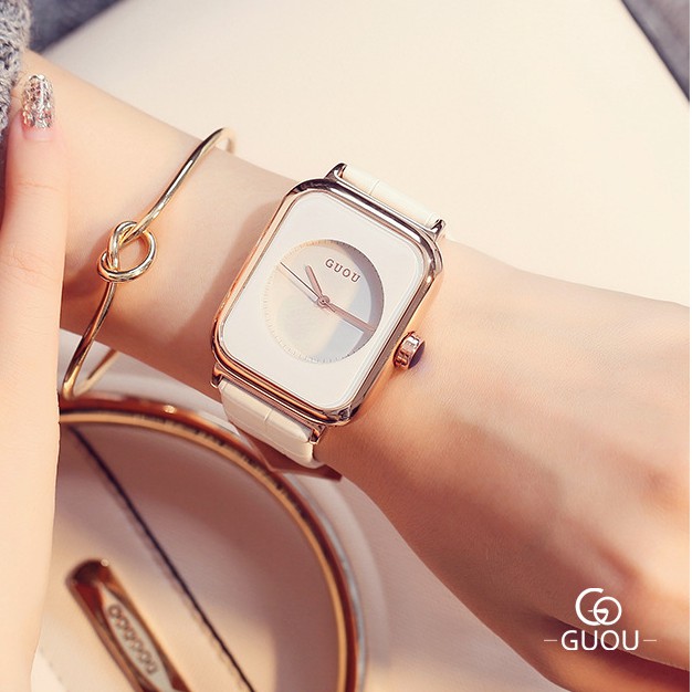 Đồng hồ nữ Guou 8162 chính hãng mặt vuông dây da viền mạ vàng cao cấp chống nước | BigBuy360 - bigbuy360.vn