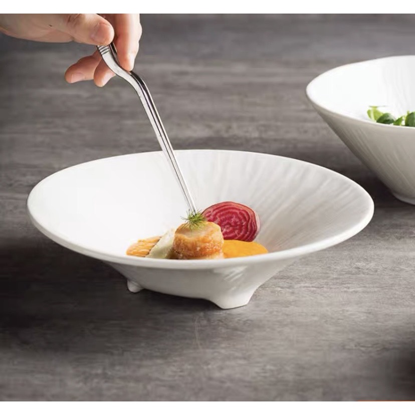 Bát sứ trắng, tô salad phong cách nhà hàng kiểu dáng mới lạ, hiện đại tinh tế, kiểu dáng có chân độc lạ