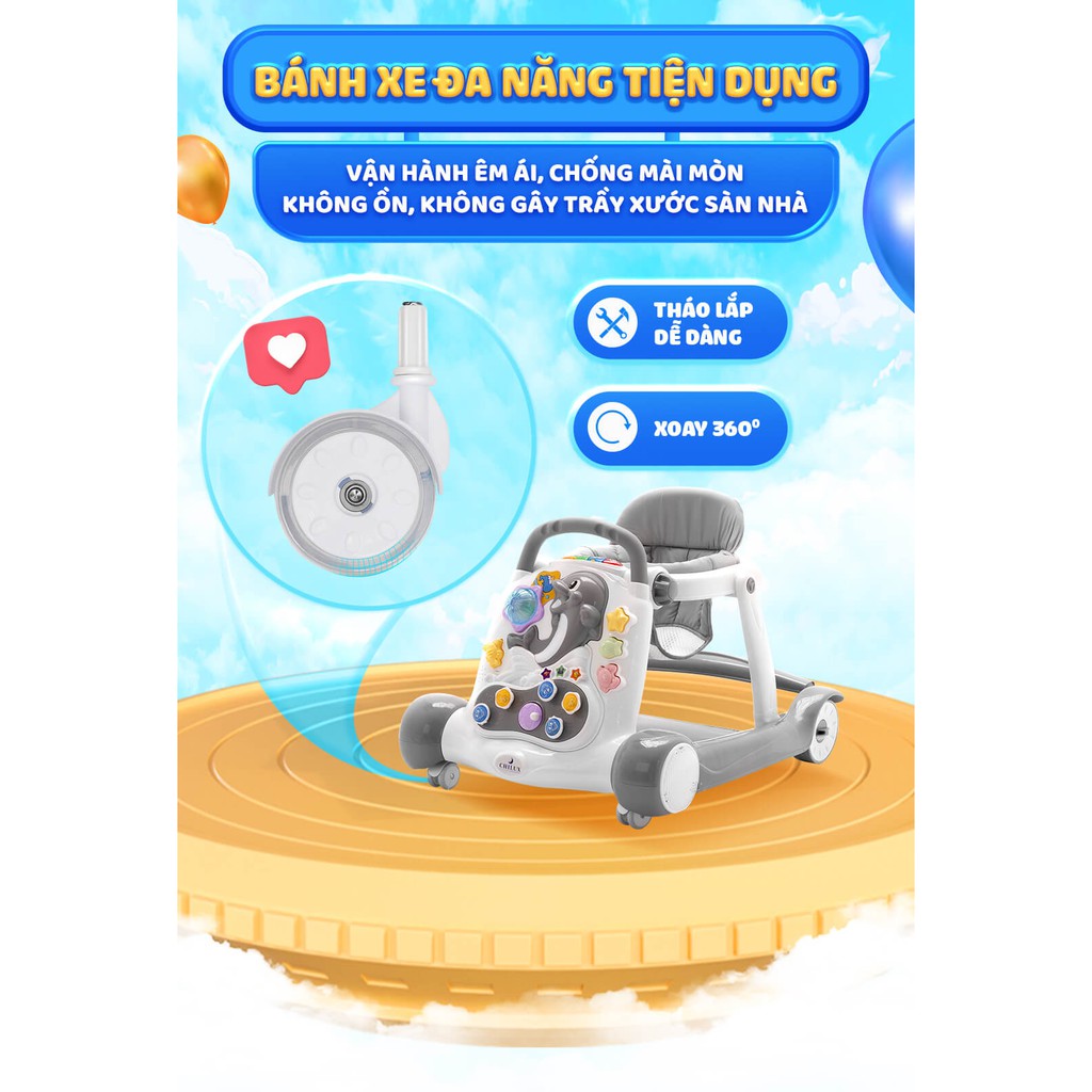 Xe tập đi cho bé cá heo gấp gọn có đèn, nhạc Chilux Walk G màu xám - CAYABE