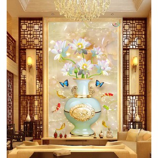 Tranh dán tường 3D Bình hoa sen khổ dọc- Vải lụa (kích thước theo yêu cầu)