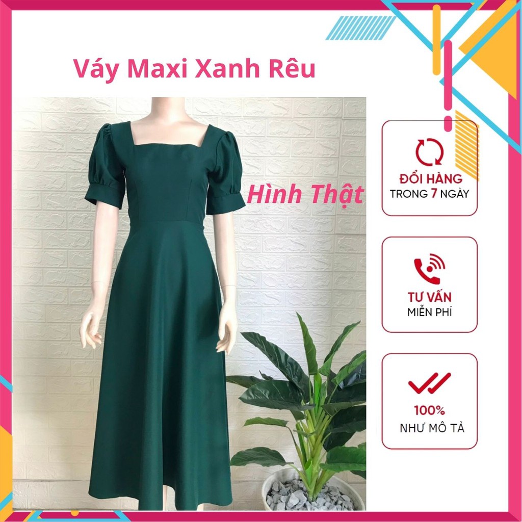 Váy Maxi Đi Biển Xòe Dài Cổ Vuông Tay Phồng Xanh Rêu - Đầm Maxi Du Lịch - Maxi Dress Dạ Hội Siêu Đẹp Siêu Sang | BigBuy360 - bigbuy360.vn