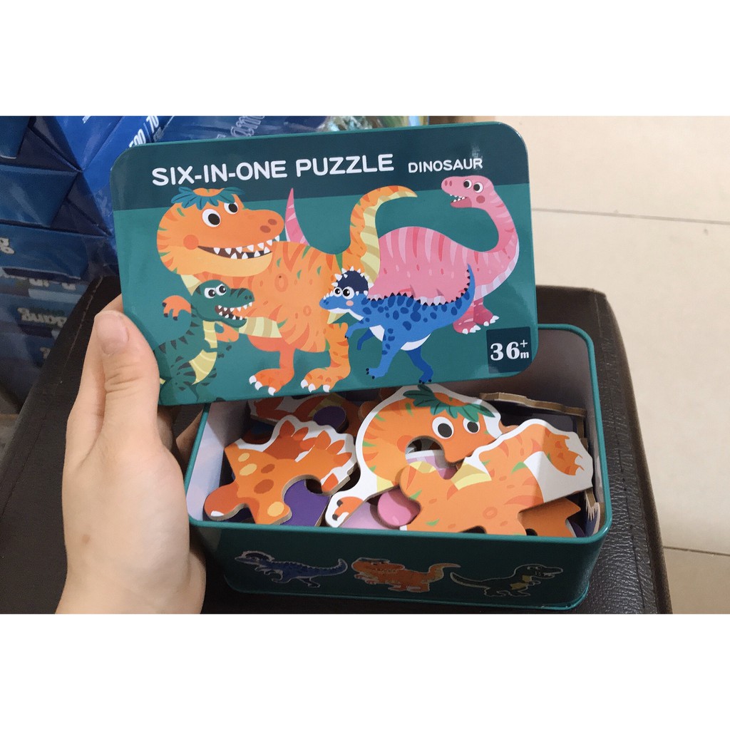 Bộ xếp hình 6 hình khởi đầu My First Puzzle Khủng Long hộp sắt cho bé 2-5 tuổi, tranh ghép 3D