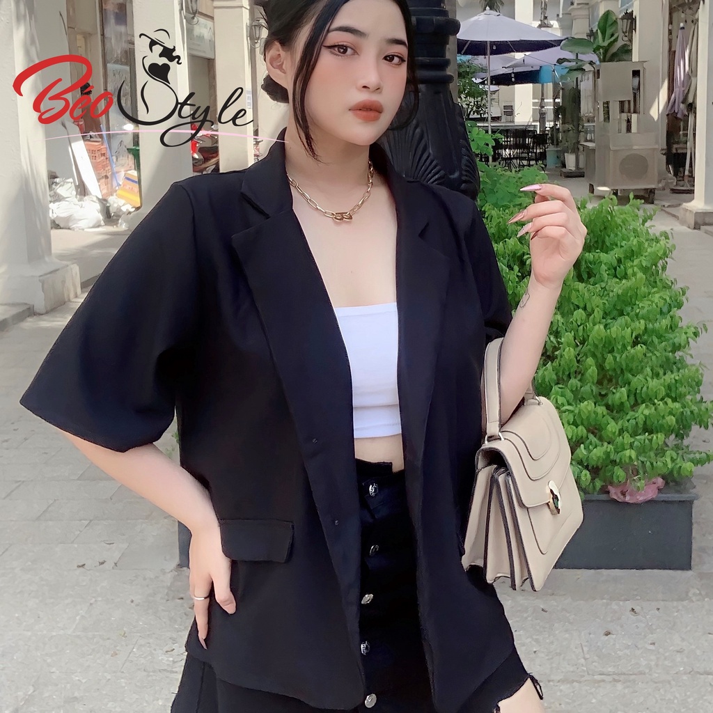 Áo blazer BIGSIZE cổ vest tay cộc  AKBS023 Béo Style cho người béo mập 55-100kg - Phù hợp đi tiệc, công sở hoặc đi chơi