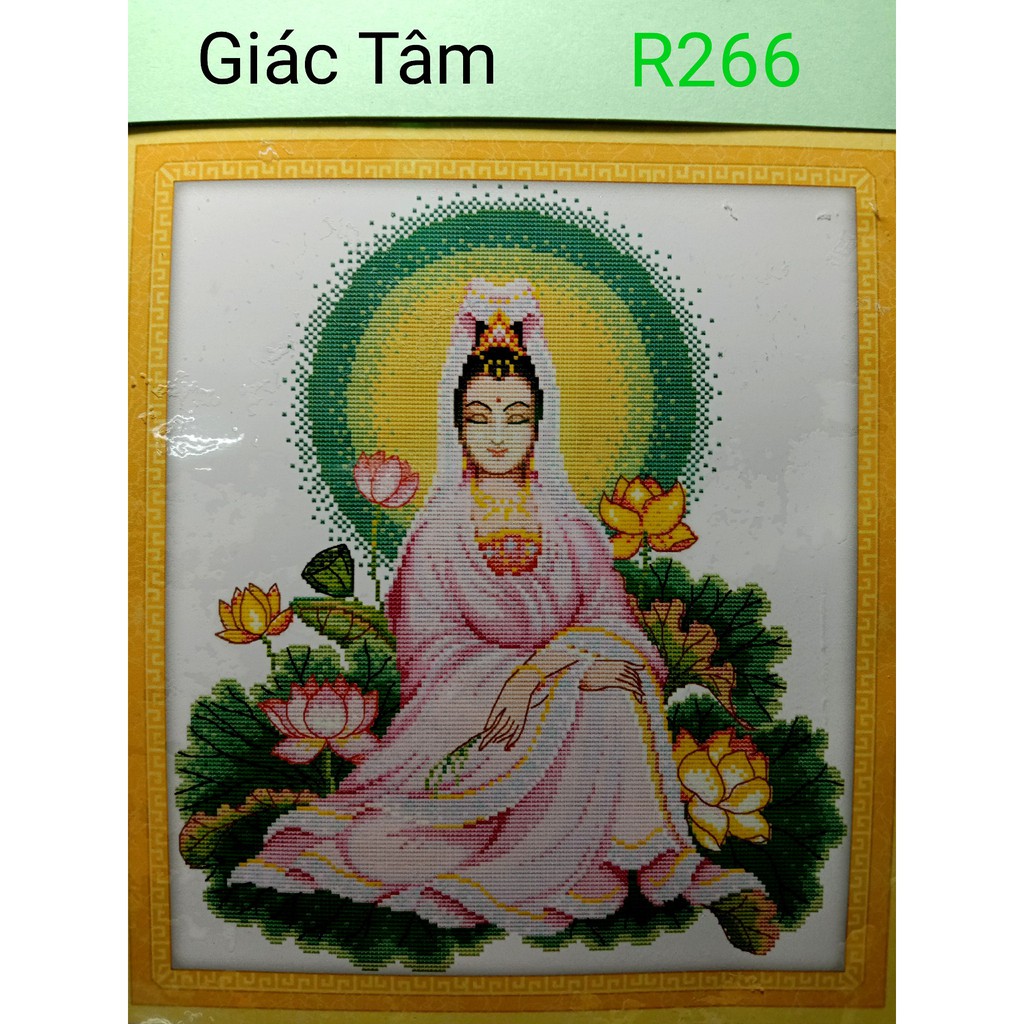 Tranh thêu QUÁN THẾ ÂM BỒ TÁT - 44x50cm - R266 - PHẬT QUAN ÂM BÔNG HOA SEN - tranh thêu chữ thập đã thêu