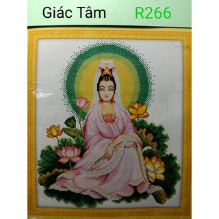 Tranh thêu QUÁN THẾ ÂM BỒ TÁT - 44x50cm - R266 - PHẬT QUAN ÂM BÔNG HOA SEN - tranh thêu chữ thập đã thêu