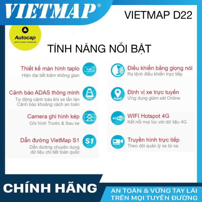 Camera hành trình VIETMAP D22 cho xe ô tô- Dẫn đường S1-Phát Wifi-KM thẻ nhớ 32/64/128GB, SIM 4G