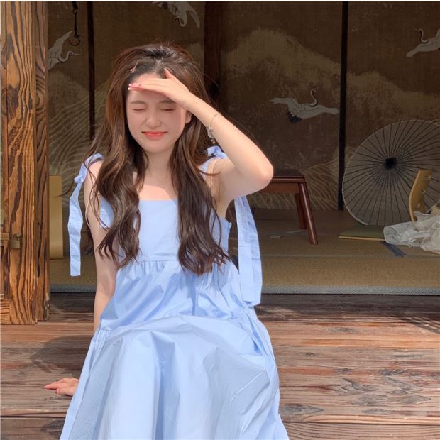 SUV003 Váy babydoll dáng dài 2 dây bản to thắt nơ xanh trắng form rộng Đầm bầu hai dây maxi 2 tầng buộc dây trơn suông