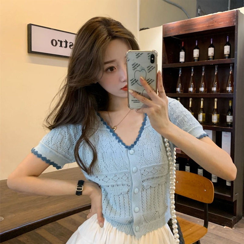 Áo Khoác Cardigan Dệt Kim Mỏng Dáng Rộng Tay Ngắn Cổ Chữ V Màu Sắc Tương Phản Thời Trang Cho Nữ