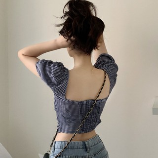 Áo croptop áo hở eo áo kẻ caro Áo cổ vuông