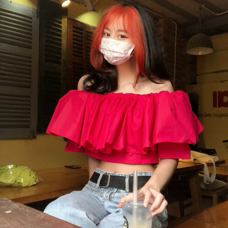 Áo croptop trễ vai bẹt vai bánh bèo hàn quốc có thun ngực Laphin LOẠI 1 VA01