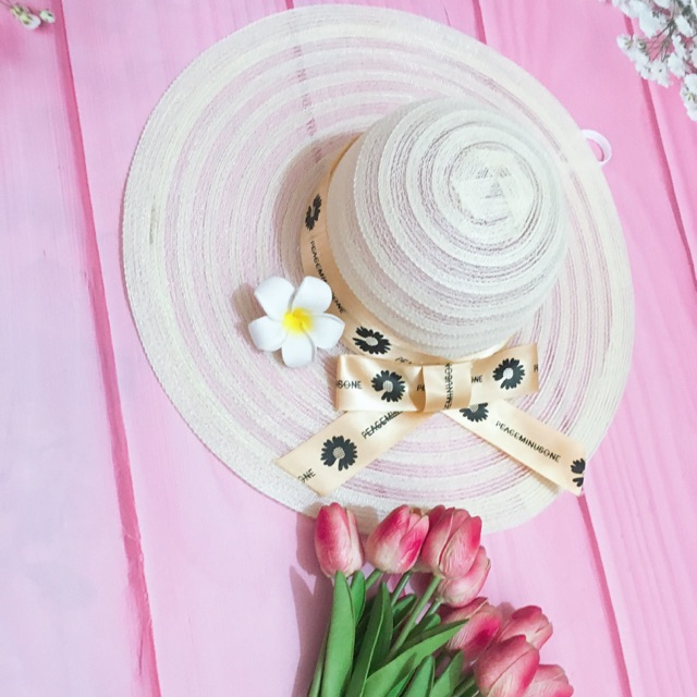 Mũ cói gấp gọn vành rộng , đai nơ cúc hoạ mi