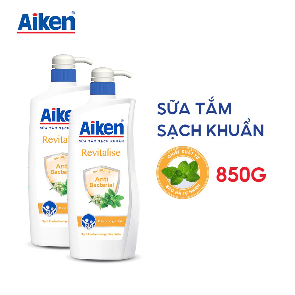 Combo 2 Sữa tắm bạc hà Aiken 850g/chai và 4 Khăn ướt kháng khuẩn 20 tờ/gói
