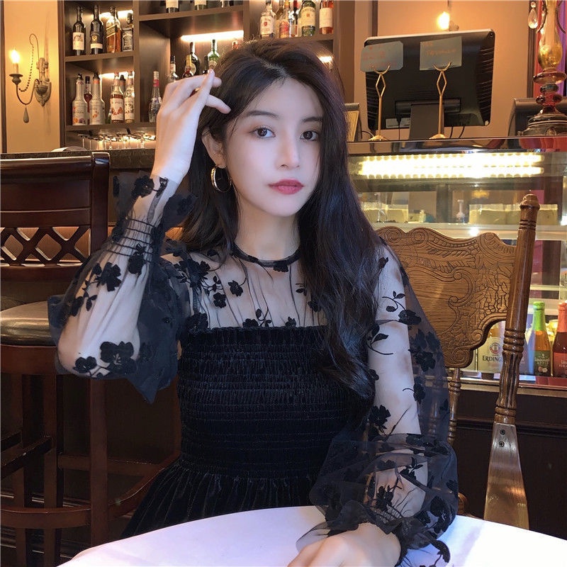 Áo nhung hoa đen tay dài thời trang mùa thu cho nữ