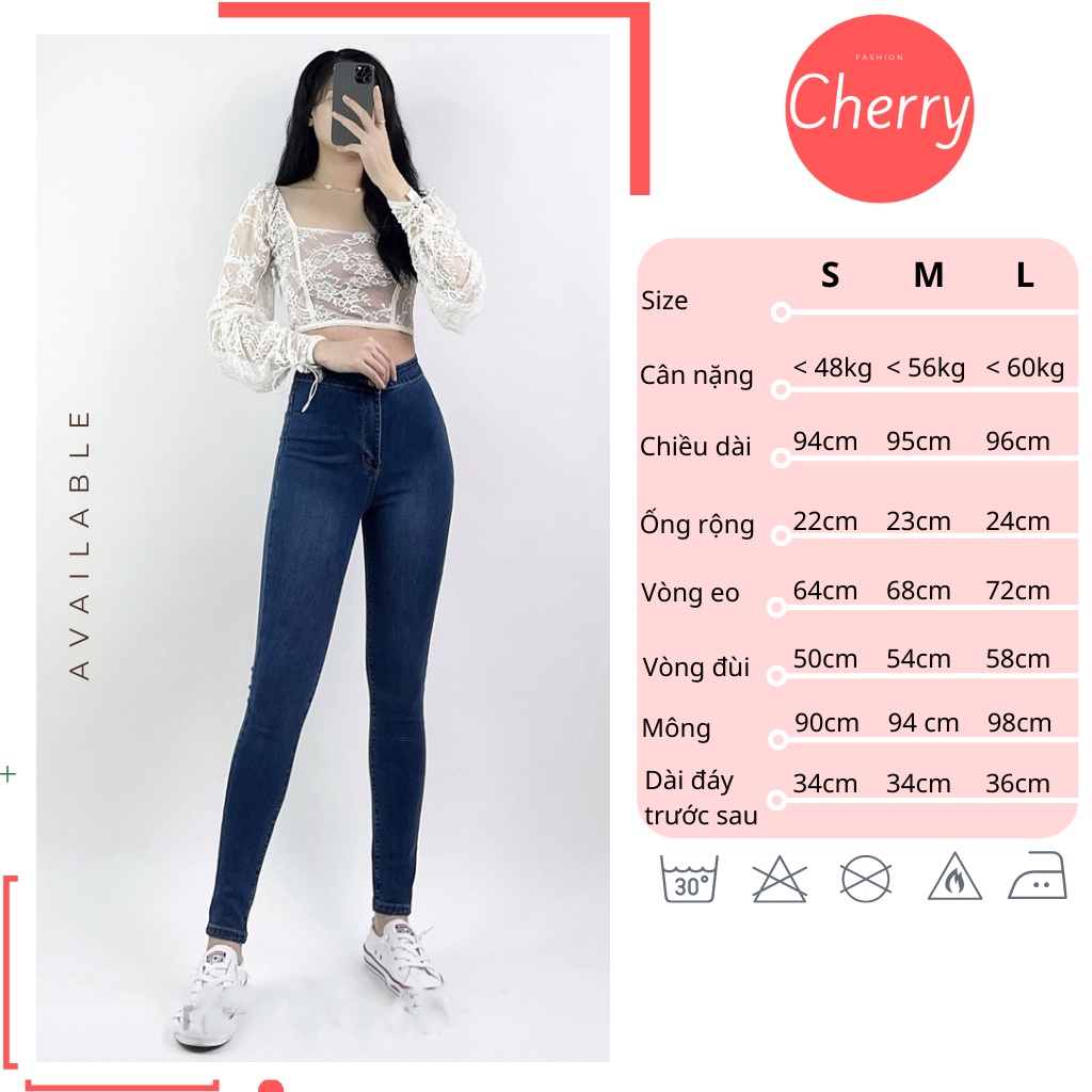 Quần jean nữ lưng cao co giãn có túi CHERRY, quần bò cạp cao bigsize skinny jeans dáng ôm trơn dài T022