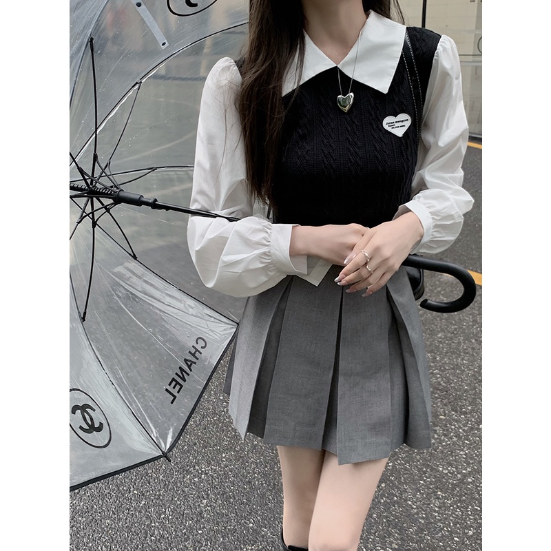 Set Ulzzang Áo Sơ Mi Giả 2 Mảnh + Chân Váy Xếp Ly Lưng Cao Mẫu Mới Nhất Cho Nữ