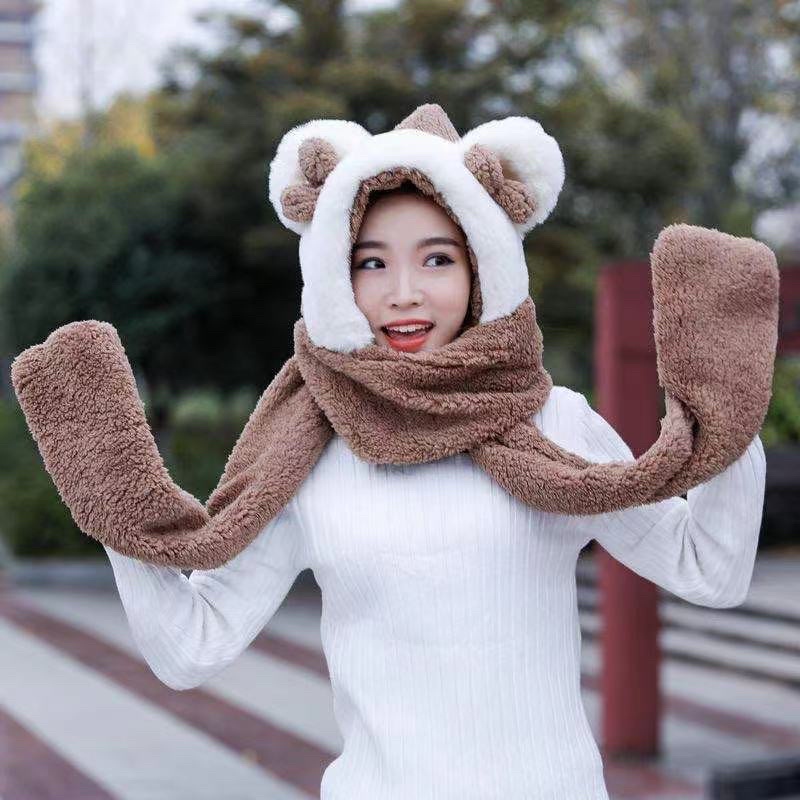 MŨ LÔNG LIỀN KHĂN TAI GẦU CHÙM ĐẦU SIÊU ẤM CHO MÙA ĐÔNG( hàng loại 1)