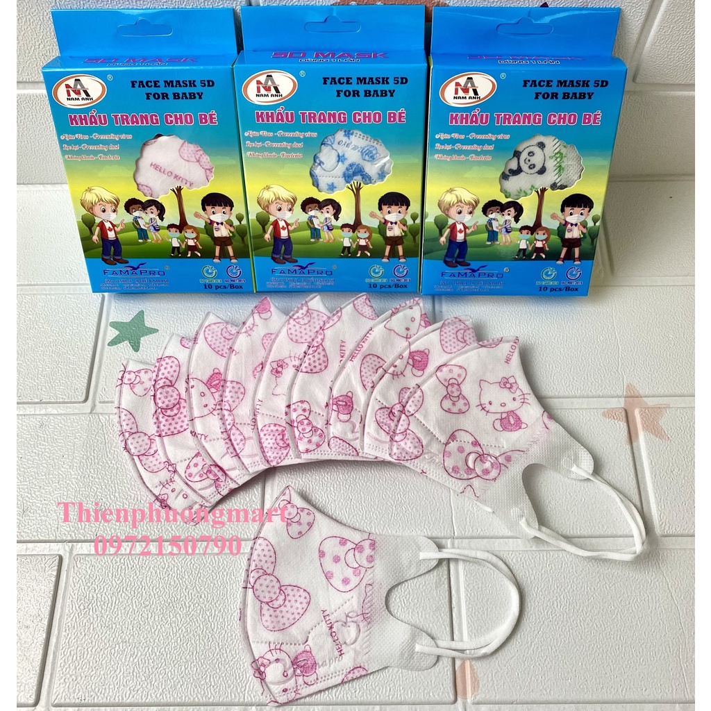 Khẩu Trang IN HÌNH cho bé 5D KIDS FAMAPRO hộp 10 cái 3 lớp kháng khuẩn
