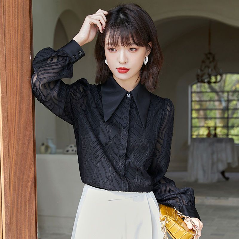 Áo Sơ Mi Chiffon Tay Dài Màu Đen Thời Trang Mùa Thu Phong Cách Hàn Quốc Cho Nữ