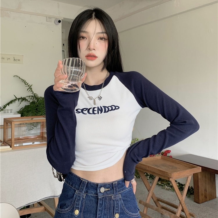 SUXI Áo Thun Tay Dài Cổ Tròn In Chữ Màu Khối Ôm Dáng Phong Cách Vintage Dễ Phối Đồ