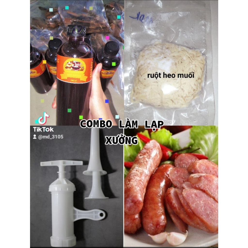 Combo 1 Bộ ống nhồi lạp xưởng + 1 Vỏ làm lạp xưởng 20m + 1 chai mai quế lộ