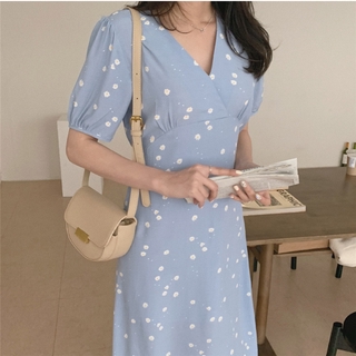 Đầm Tay Phồng Cổ Chữ v in Họa Tiết Hoa Cúc Phong Cách Cổ Điển Thời Trang 33666