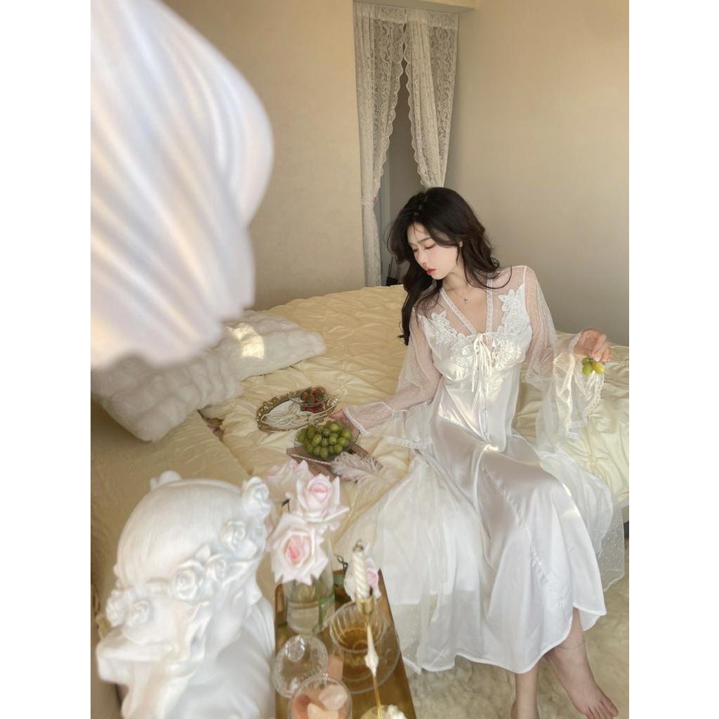 Đầm Ngủ Dáng Dài Có Mút Đệm Ngực Thiết Kế Ngọt Ngào Phong Cách Pháp Thời Trang Mới 2023 Cho Nữ