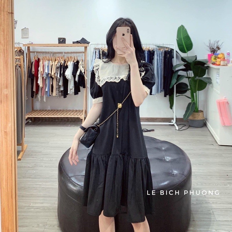 Đầm bầu cổ sam vuông lưới siêu đẹp