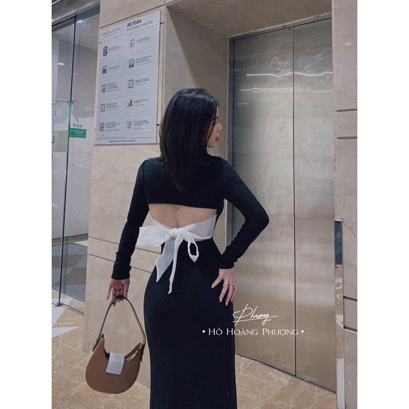 ĐẦM MIDI ĐEN CỔ VUÔNG CỘT NƠ LƯNG