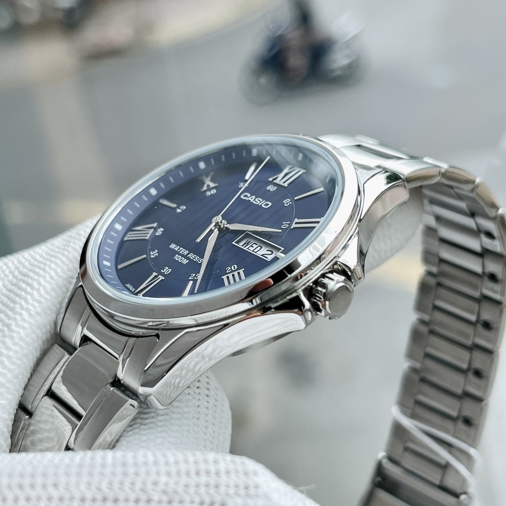 Đồng hồ Nam Casio MTP-1384D-2AV, đồng hồ chính hãng, dây bạc mặt xanh