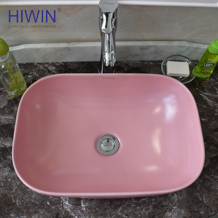 Chậu rửa mặt lavabo sứ đặt bàn nghệ thuật màu hồng HIWIN LP-A462