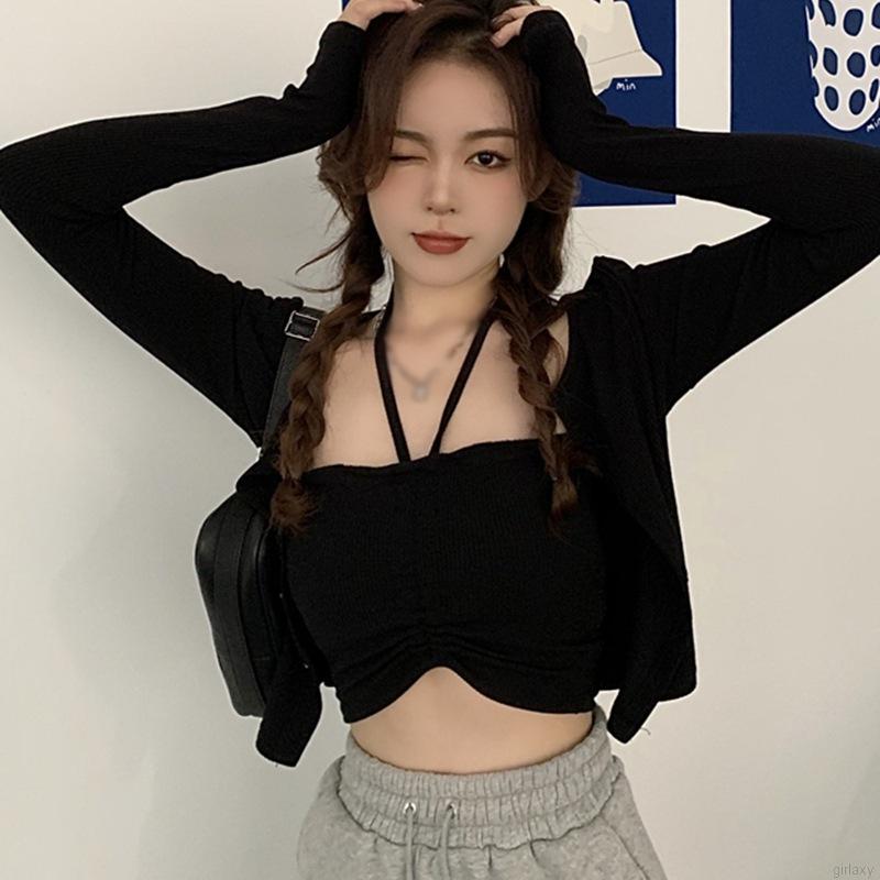 Áo Croptop Dệt Kim Trễ Vai Màu Trơn Phong Cách Hàn Quốc