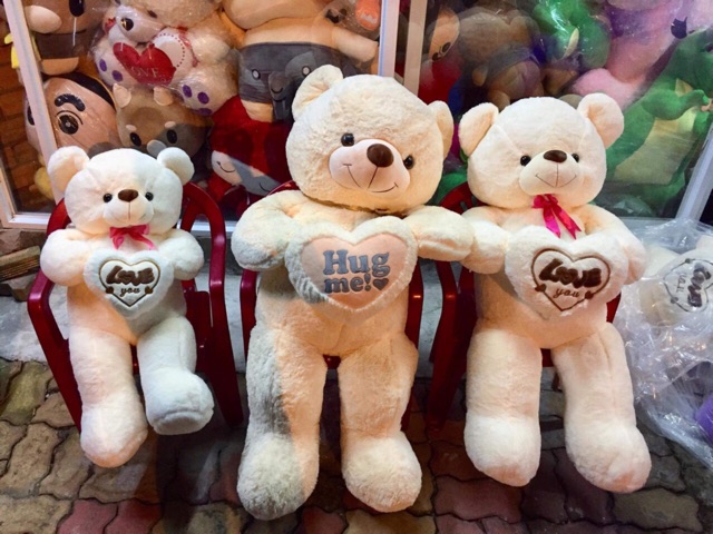 Gấu teddy ôm tim bông khổ vải 80cm hình thật