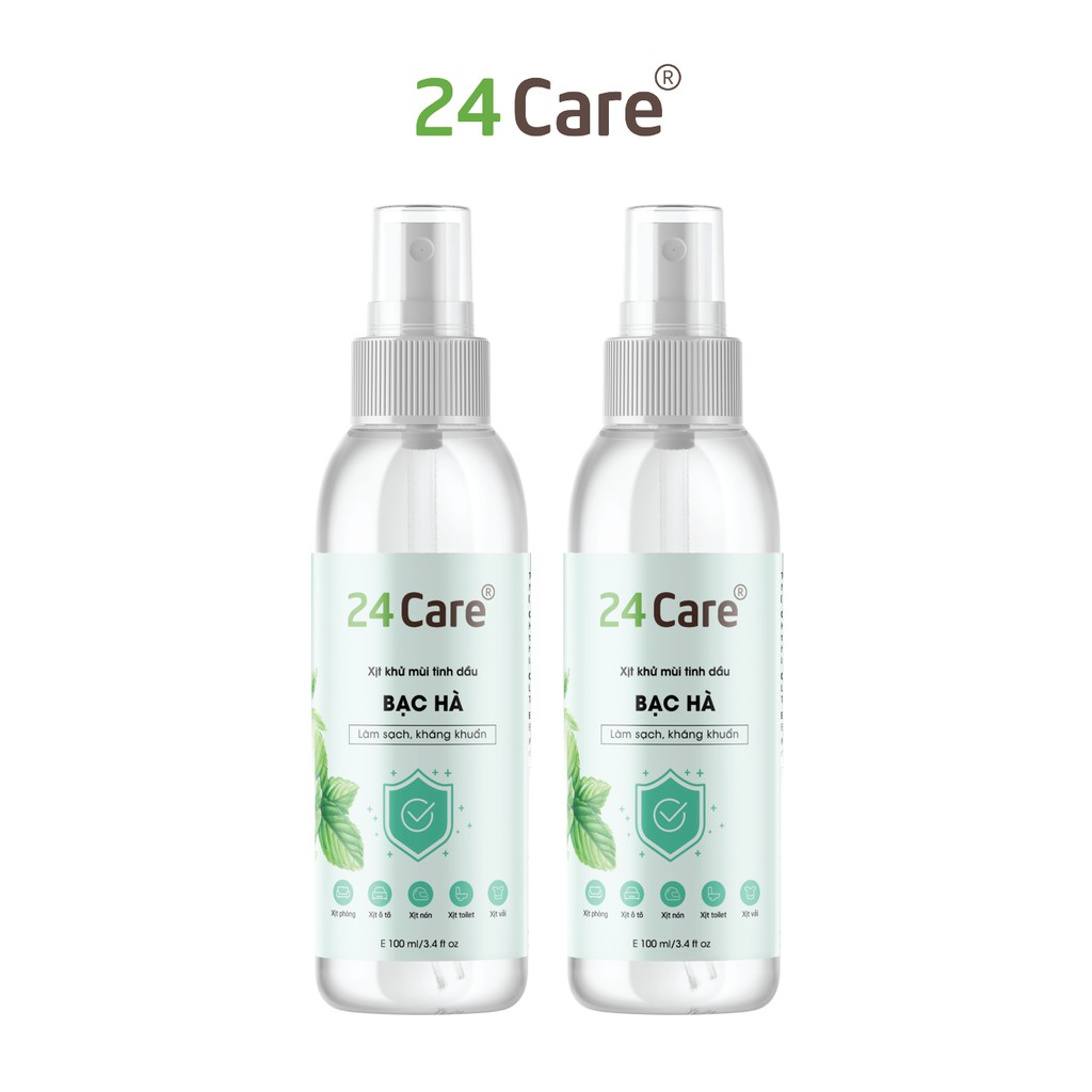 Combo 2 chai Tinh dầu xịt phòng kháng khuẩn Bạc Hà 24Care 100ml/chai