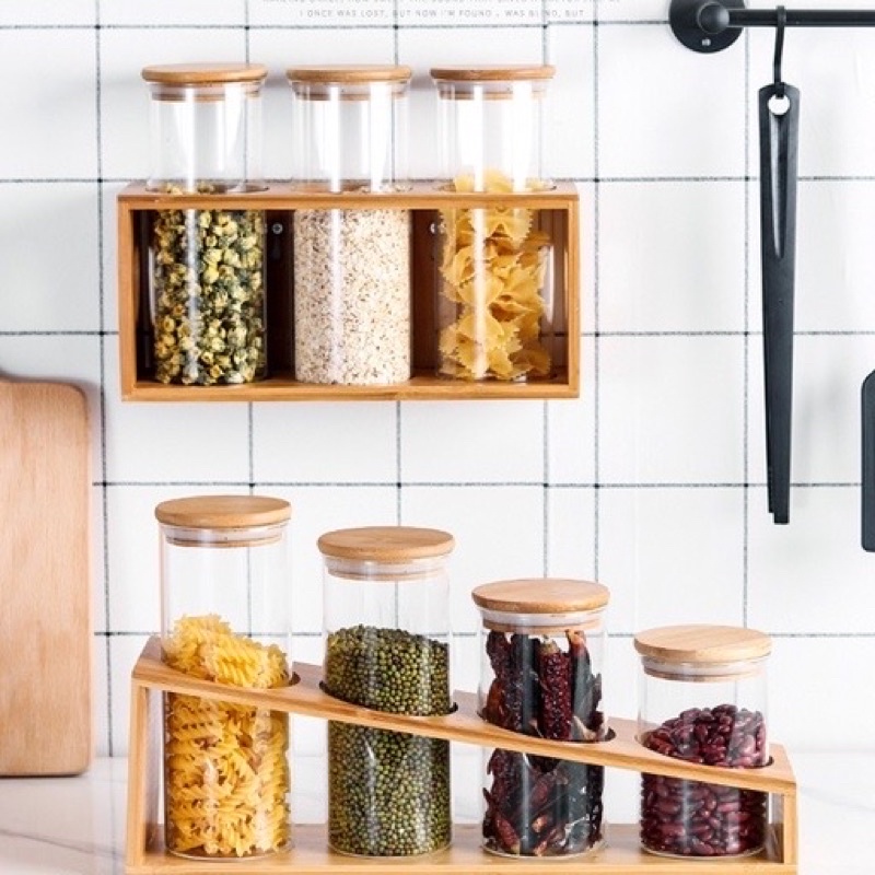 Hũ Thủy Tinh Nắp Tỗ Cao Cấp Đựng Thực Phẩm, Lọ Gia Vị Tròn Nắp Tre Cam Homeware