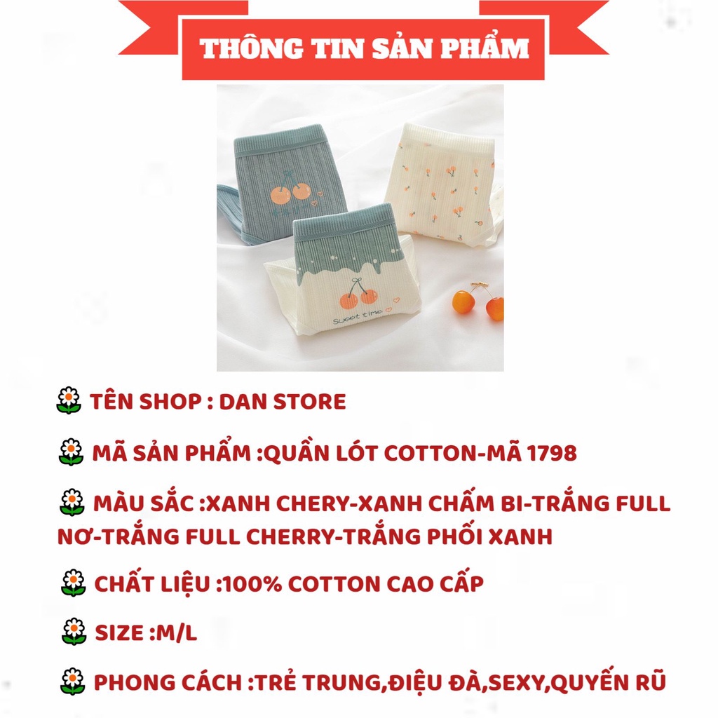Quần Lót Nữ - Quần Lót Nữ Cotton gân tăm phối xanh trắng họa tiết cherry nơ dẽ thương DAN STORE MÃ 1798